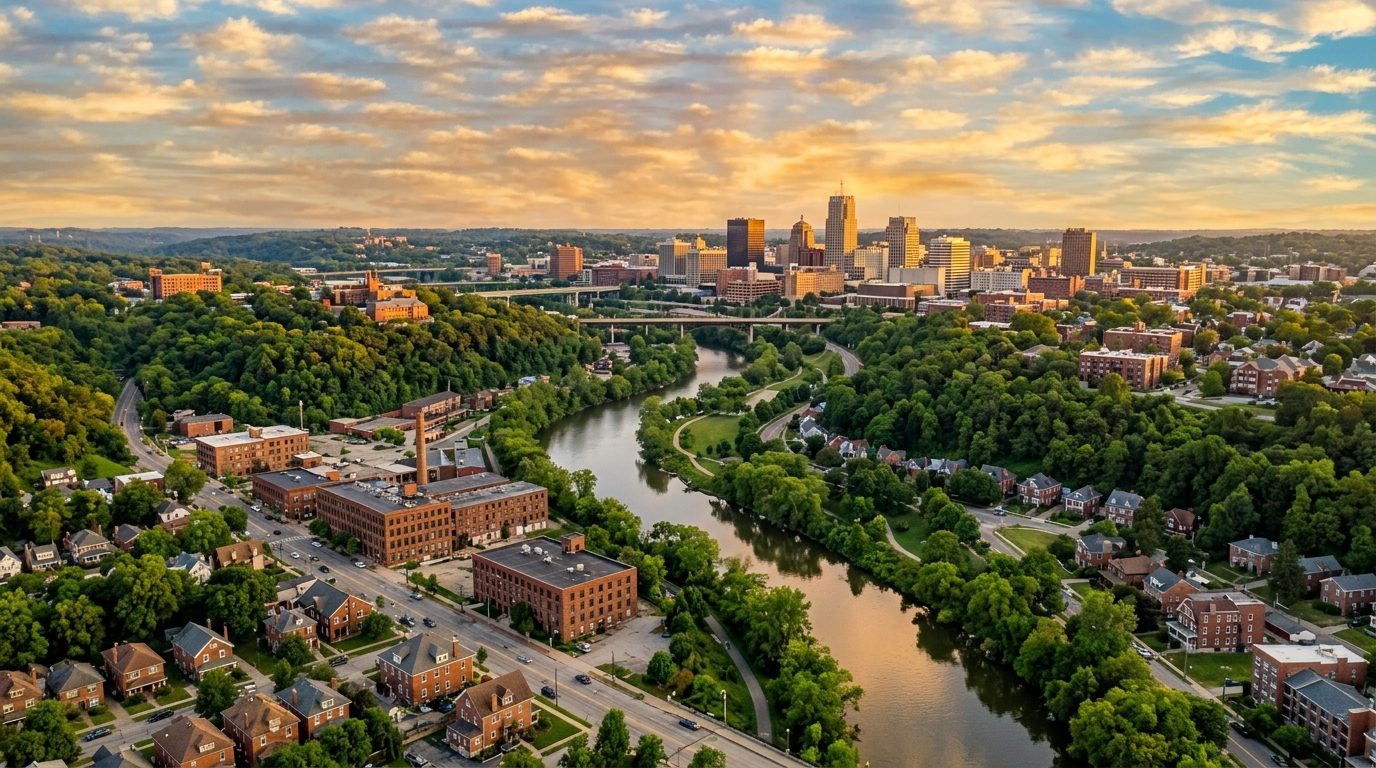 Akron, OH — Akron, Ohio skyline along the Cuyahoga River at with rolling