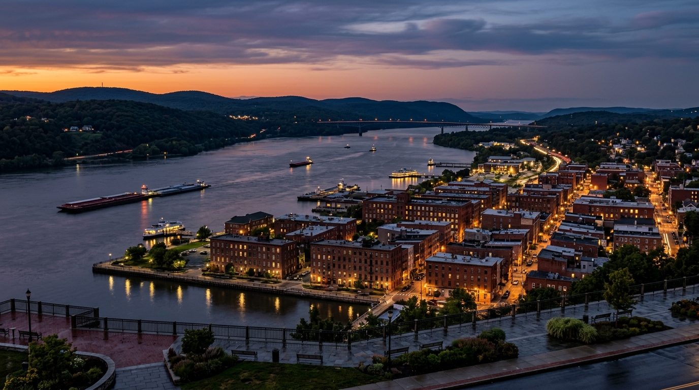 Albany, NY — New York river valley cityscape at dusk along a wide river with historic brick buildings