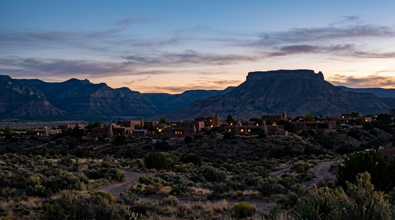 Albuquerque, NM — High-desert mountain landscape at dusk with an adobe-style skyline silhouette and mesa