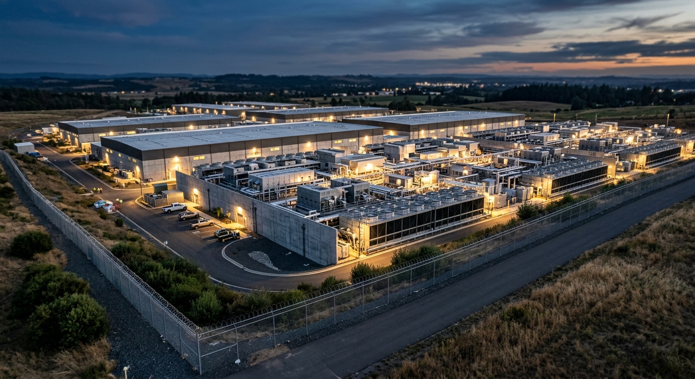 Exterior view of a large data center campus with cooling infrastructure at dusk.