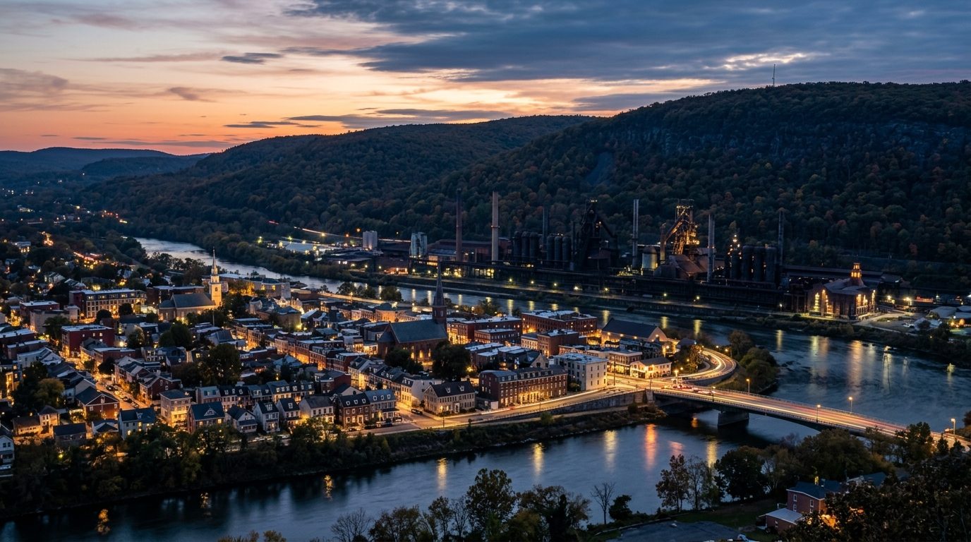 Allentown, PA — A wide photograph of a Pennsylvania river valley town at dusk with a historic industrial skyline and forested mountain r