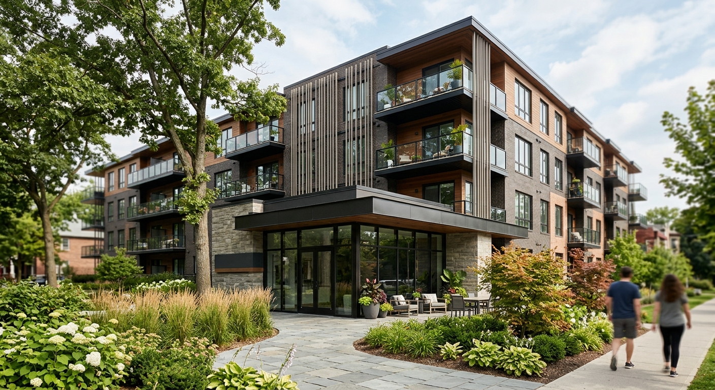 Exterior of a modern multifamily apartment building with landscaped grounds.