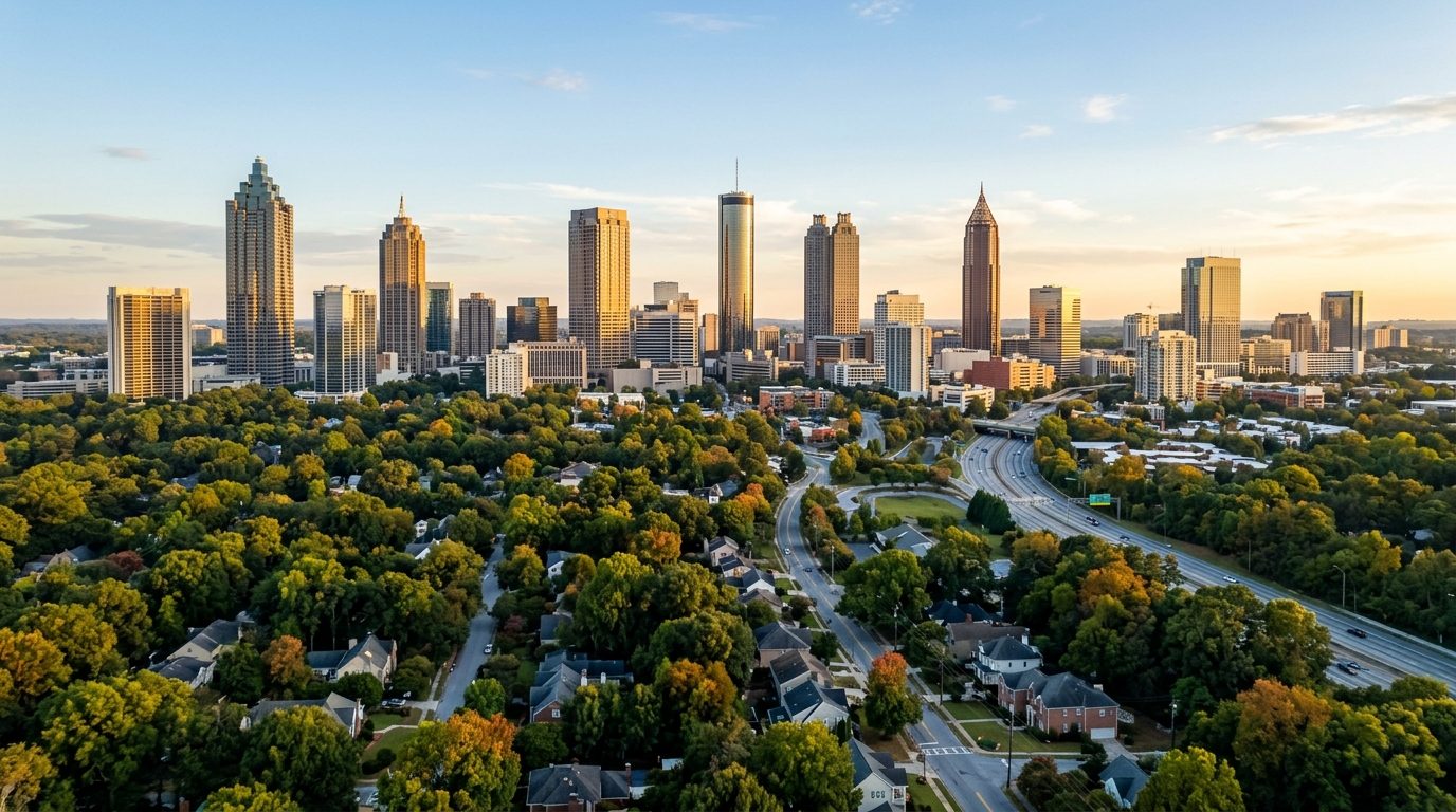 Atlanta, GA — A wide photorealistic panorama of the Atlanta skyline rising above wooded neighborhoods in clear late-afternoon light, w