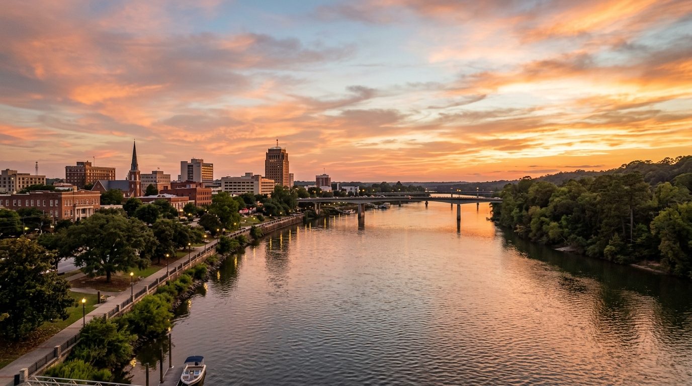 Augusta, GA — Savannah River at sunset with the historic Augusta riverfront skyline on one bank