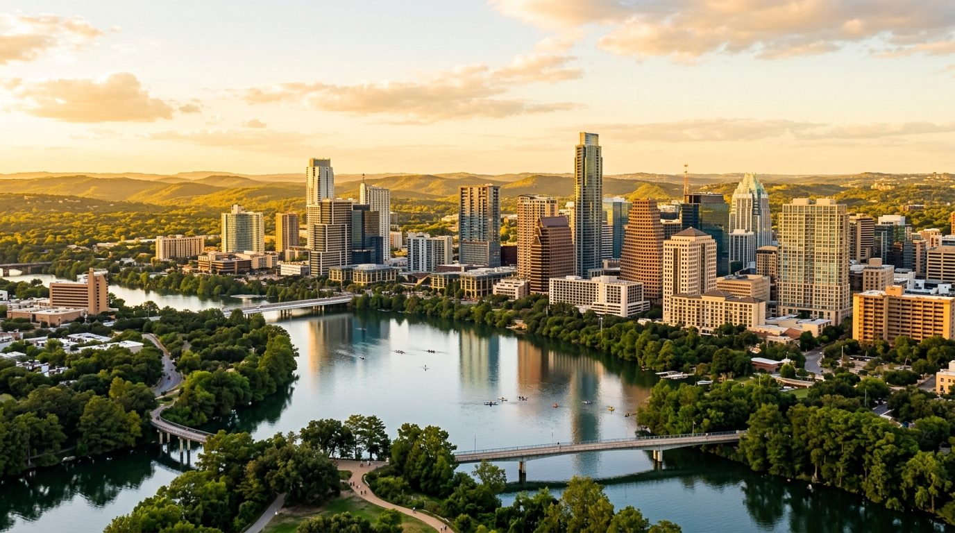 Austin, TX — A wide photorealistic panorama of downtown Austin, Lady Bird Lake and the Hill Country horizon in clear golden-hour ligh