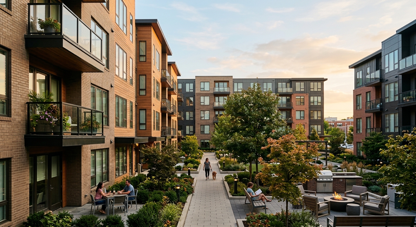 Modern multifamily apartment community exterior with mid-rise residential buildings, representing the combined AvalonBay and Equity Residential apartment portfolio.