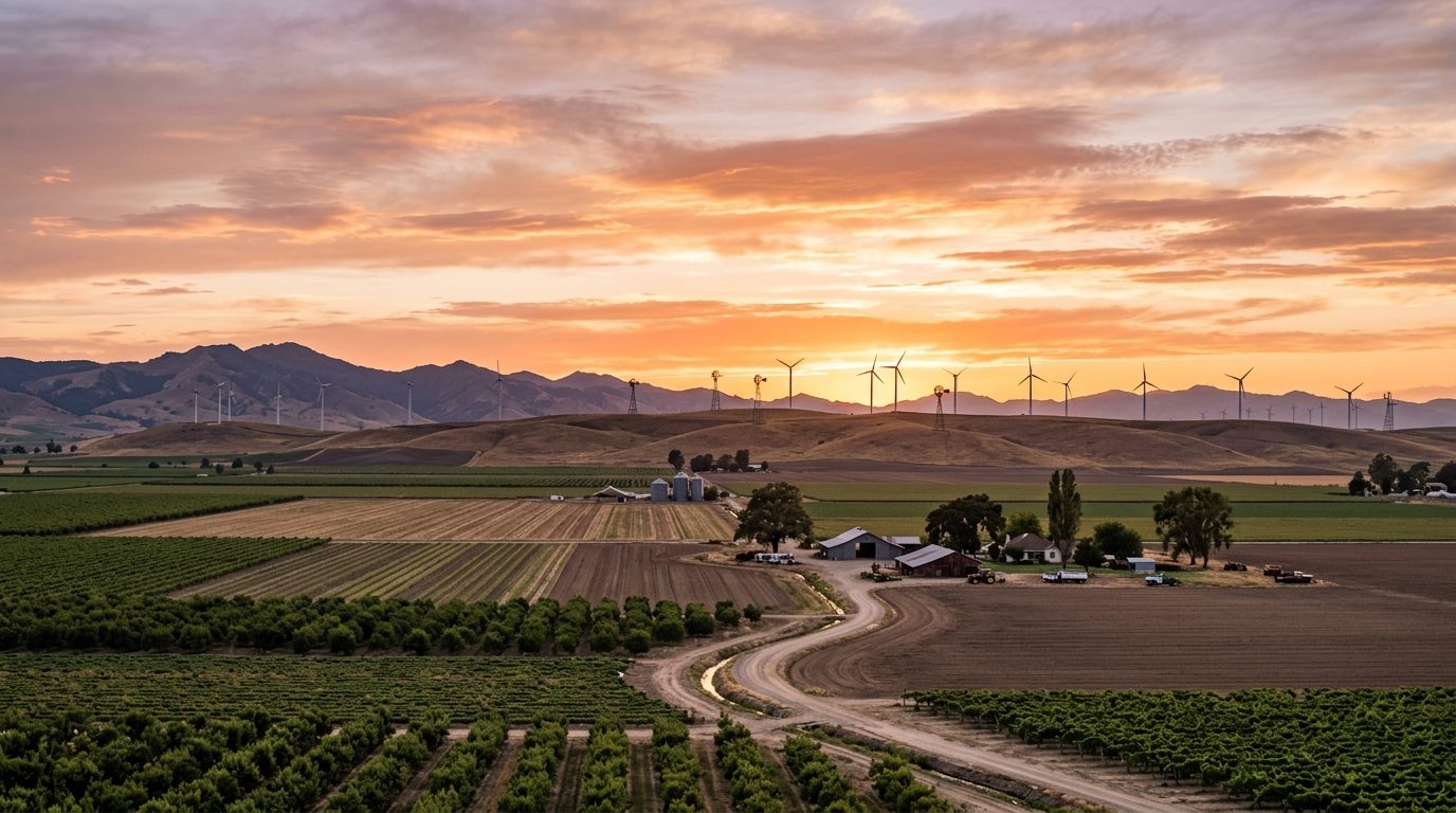Bakersfield, CA — Landscape photograph of California Central Valley farmland at sunset with distant mountains
