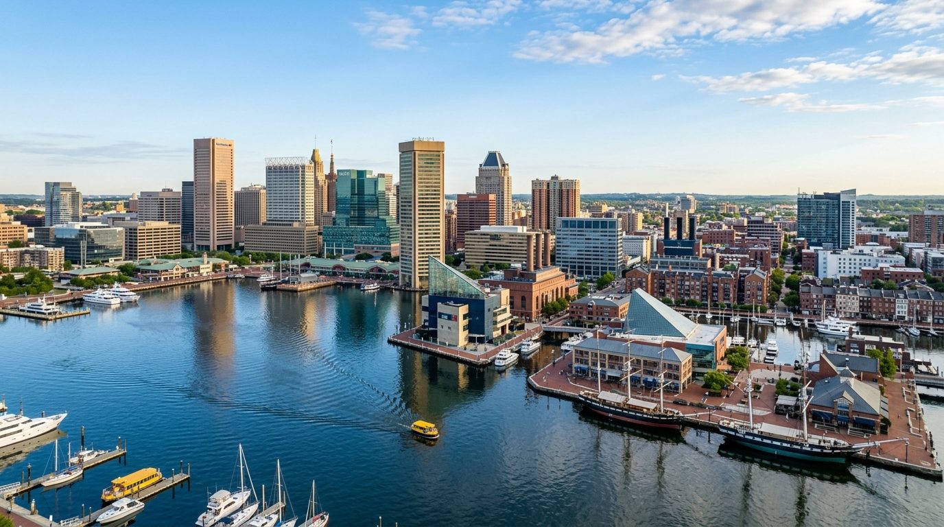 Baltimore, MD — A wide photorealistic view of Baltimore's Inner Harbor, downtown skyline and waterfront neighborhoods in clear morning l