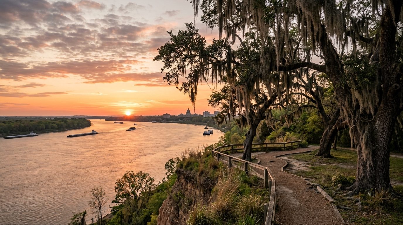 Baton Rouge, LA — Mississippi River bluff at sunset with live oak trees draped in Spanish moss and a distant
