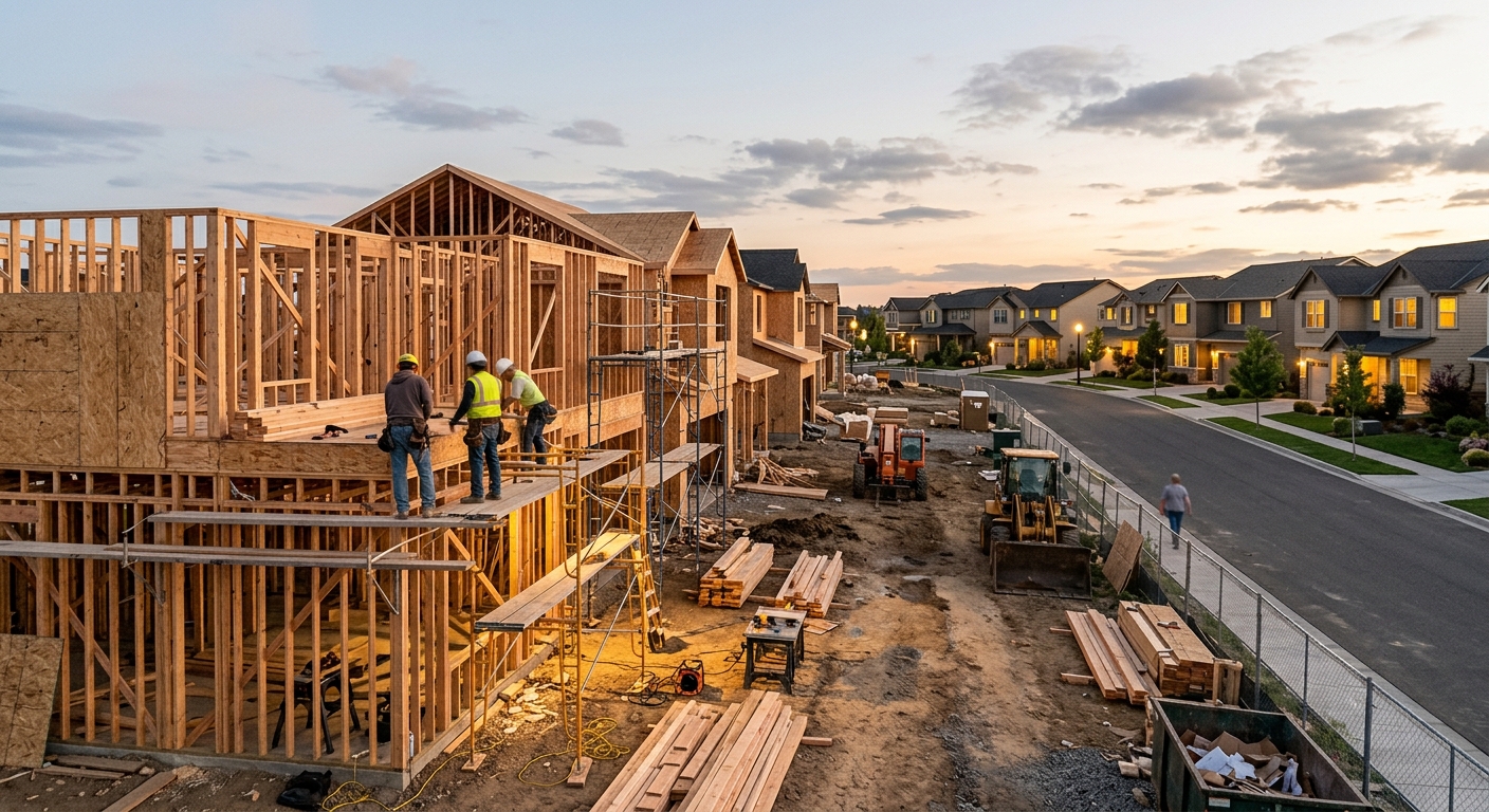 Suburban new-home construction site with framed houses along a residential street.