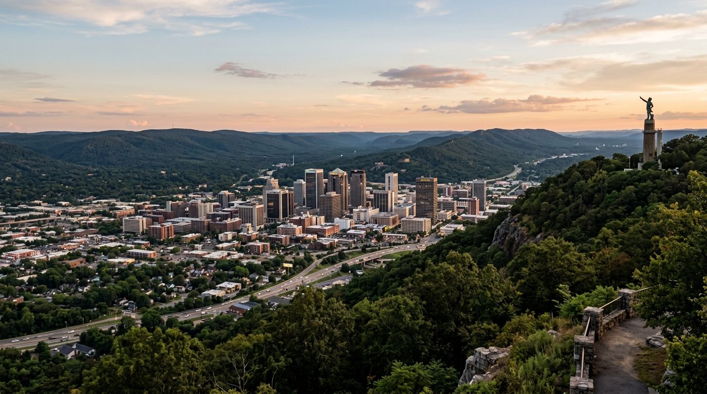 Birmingham, AL — A wide photorealistic view of downtown Birmingham, Red Mountain and the surrounding wooded ridges in clear evening light