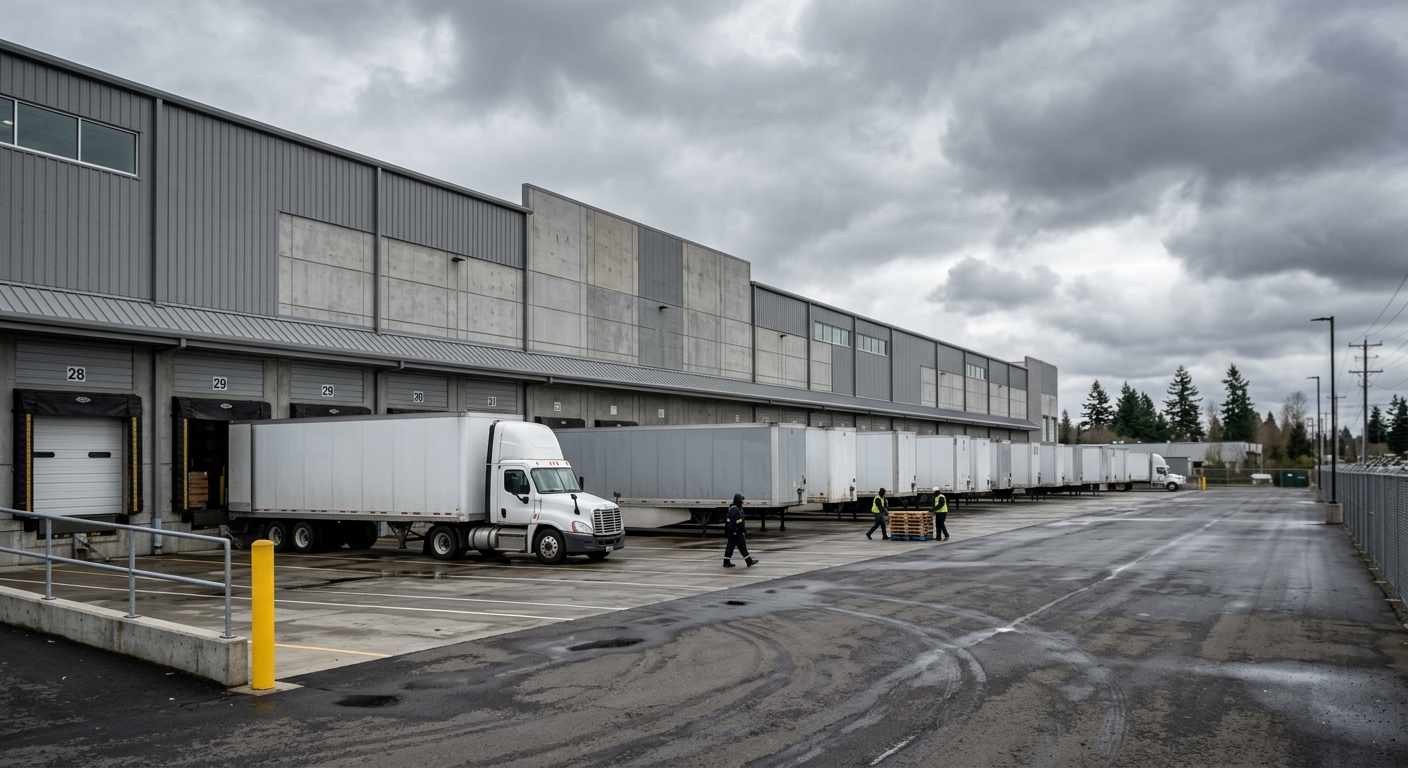 Exterior of a large modern industrial distribution warehouse with truck trailers at loading docks under an overcast sky.