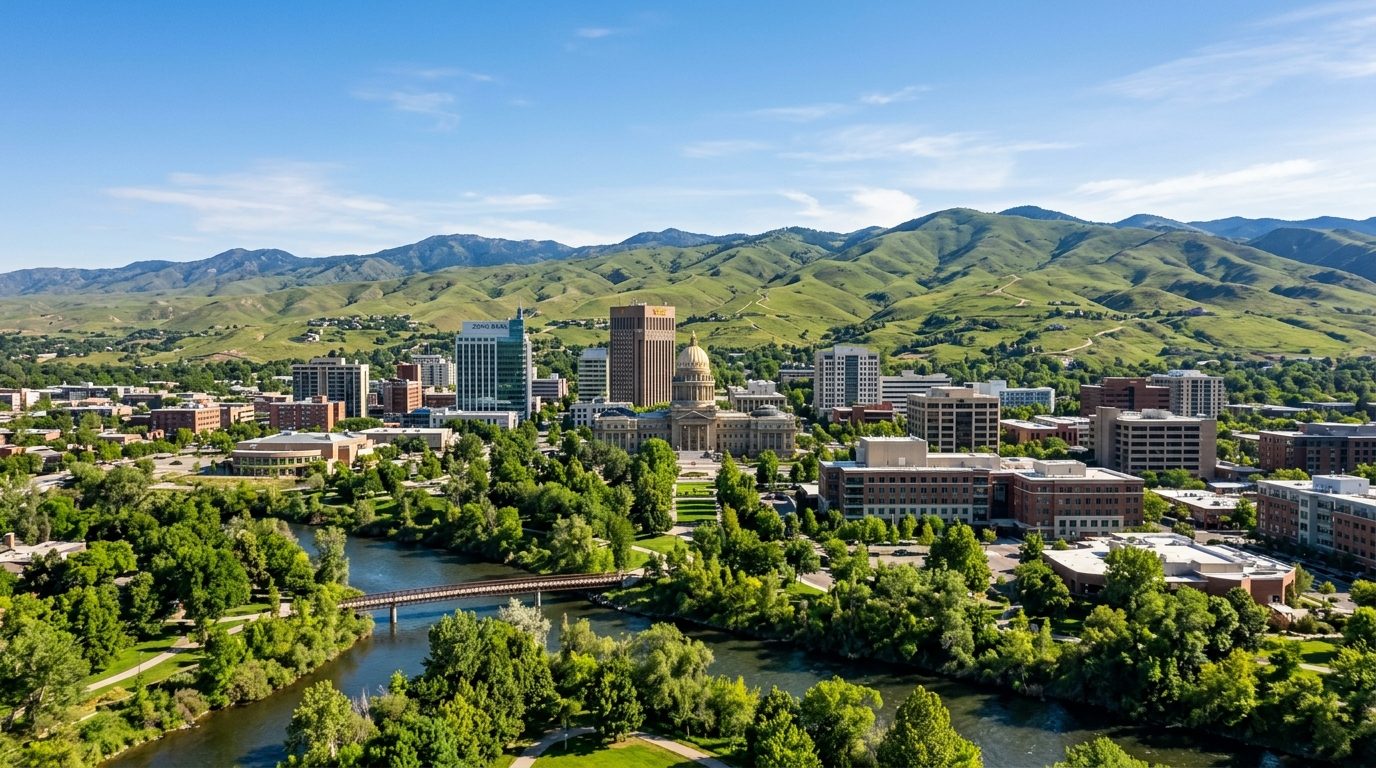 Boise City, ID — Boise's downtown skyline and the golden-domed state capitol set against the green Boise