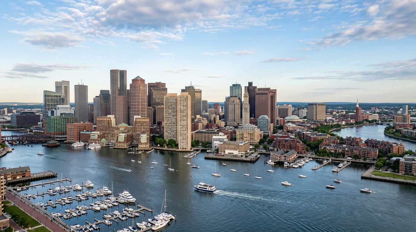 Boston, MA — A wide photorealistic harbor view of the Boston skyline, waterfront and historic neighborhoods in clear early-morning li