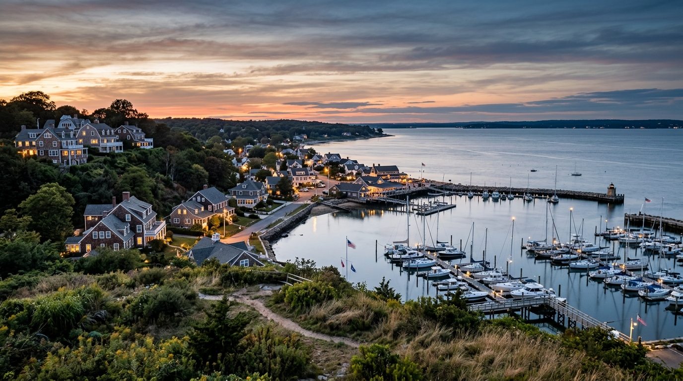 Bridgeport, CT — Dusk view along the Long Island Sound shoreline showing a New England harbor town with a marina