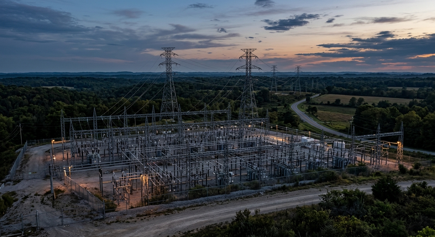 Industrial power infrastructure representing a large data center energy buildout in rural Kentucky.