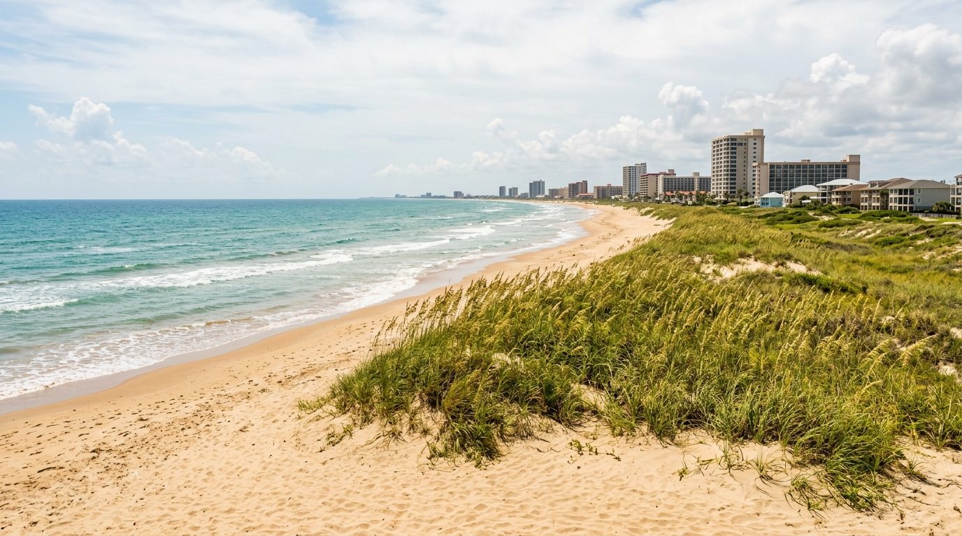 Brownsville, TX — South Padre Island, Texas, with a sandy Gulf Coast beach, gentle waves, and dune grass under bright coastal
