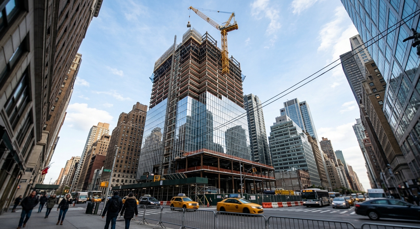 A modern glass office skyscraper under construction with a crane in a dense urban setting.