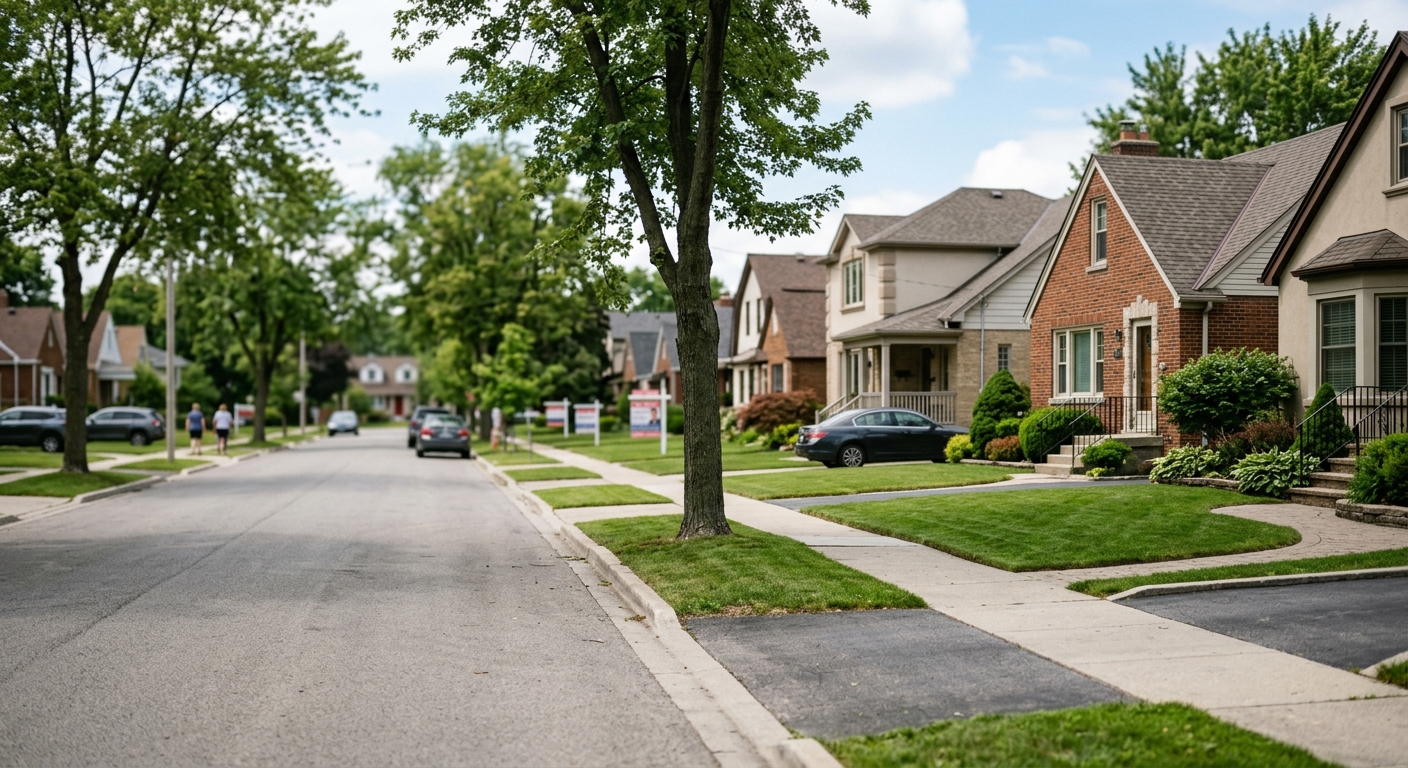 A suburban American residential street with single-family homes.