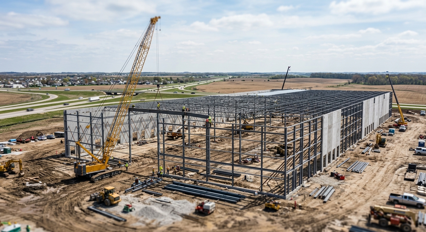 A large industrial warehouse building under construction in an exurban Midwest setting, with steel framing and construction equipment visible.