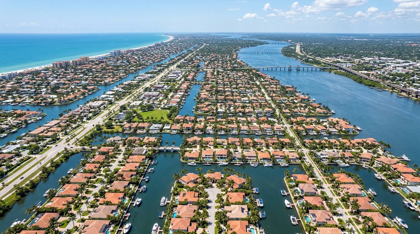 Cape Coral, FL — Florida Gulf Coast city crossed by a broad river and a grid of waterfront canals lined
