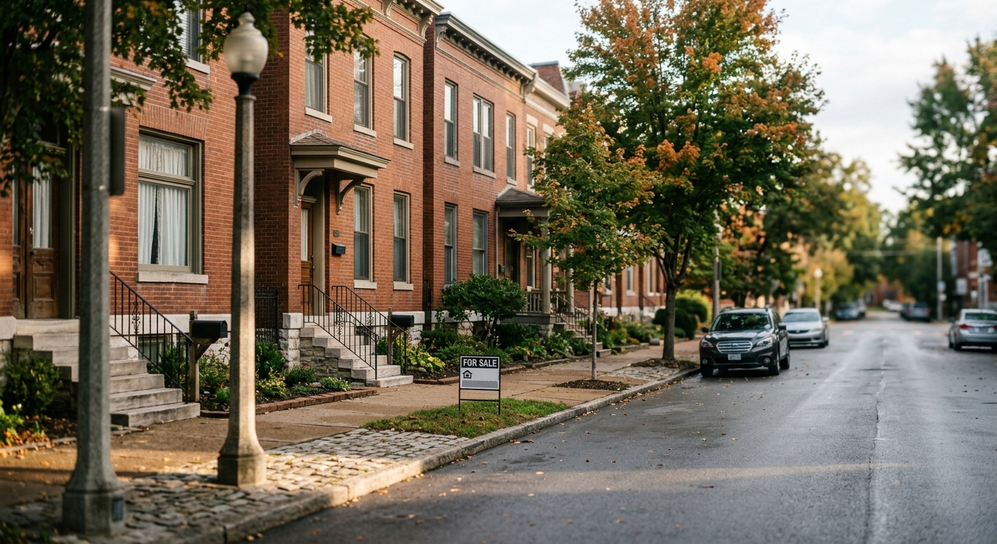 A residential street of brick rowhouses under morning light in a Midwestern U.S. city.