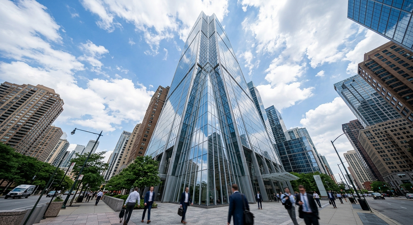 A modern glass office tower in a downtown financial district, viewed from street level.