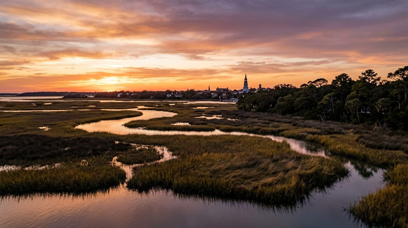 Charleston, SC — Lowcountry coastal marsh at sunset with a historic church steeple skyline silhouette