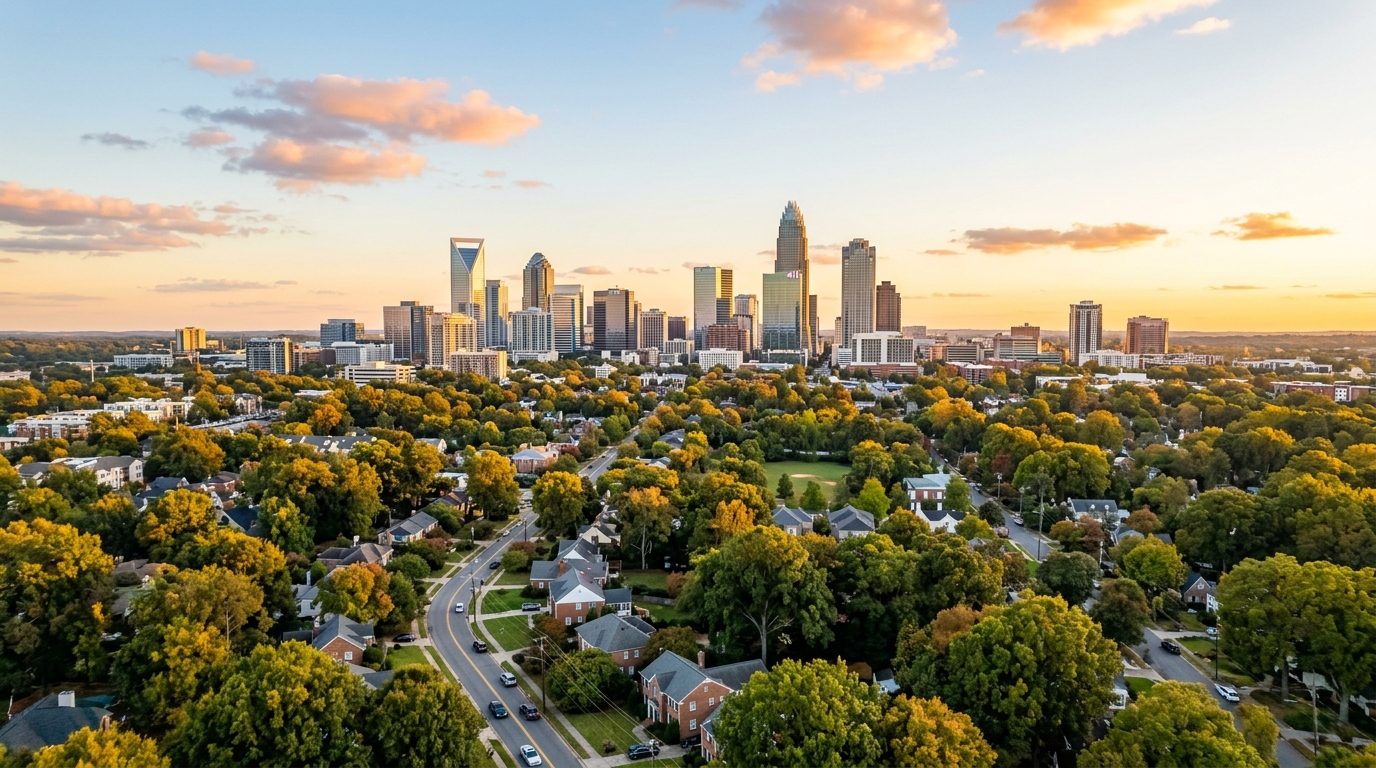 Charlotte, NC — A wide photorealistic panorama of the Charlotte skyline above tree-lined neighborhoods in clear golden-hour light, with
