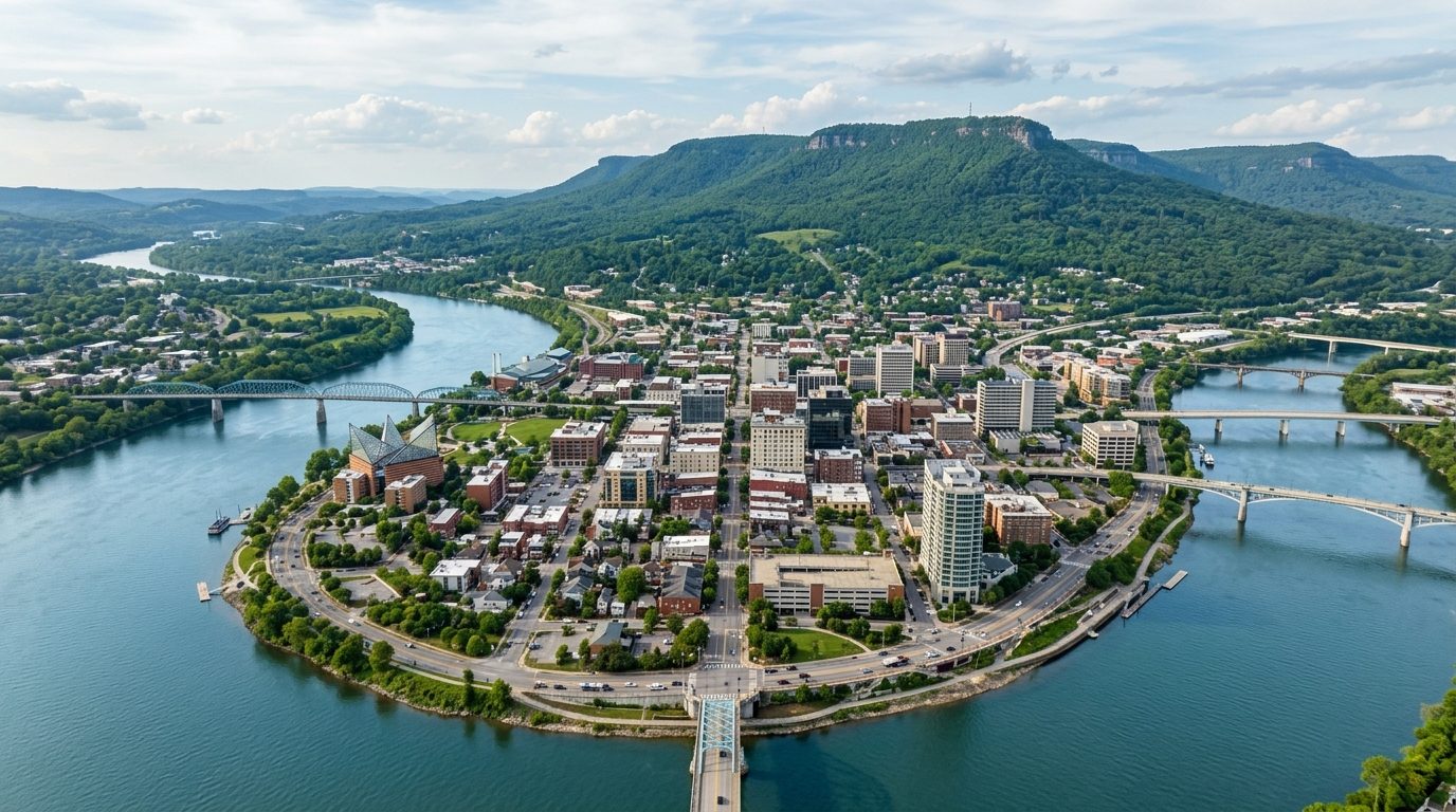 Chattanooga, TN — Downtown Chattanooga curving along the Tennessee River with Lookout Mountain