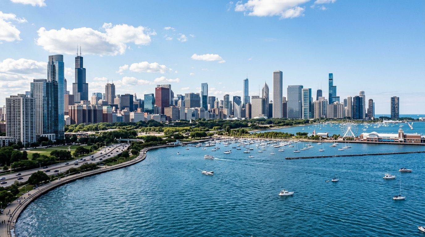 Chicago, IL — A lakefront photograph of Chicago's skyline with Lake Michigan, downtown towers and the urban shoreline visible in crisp