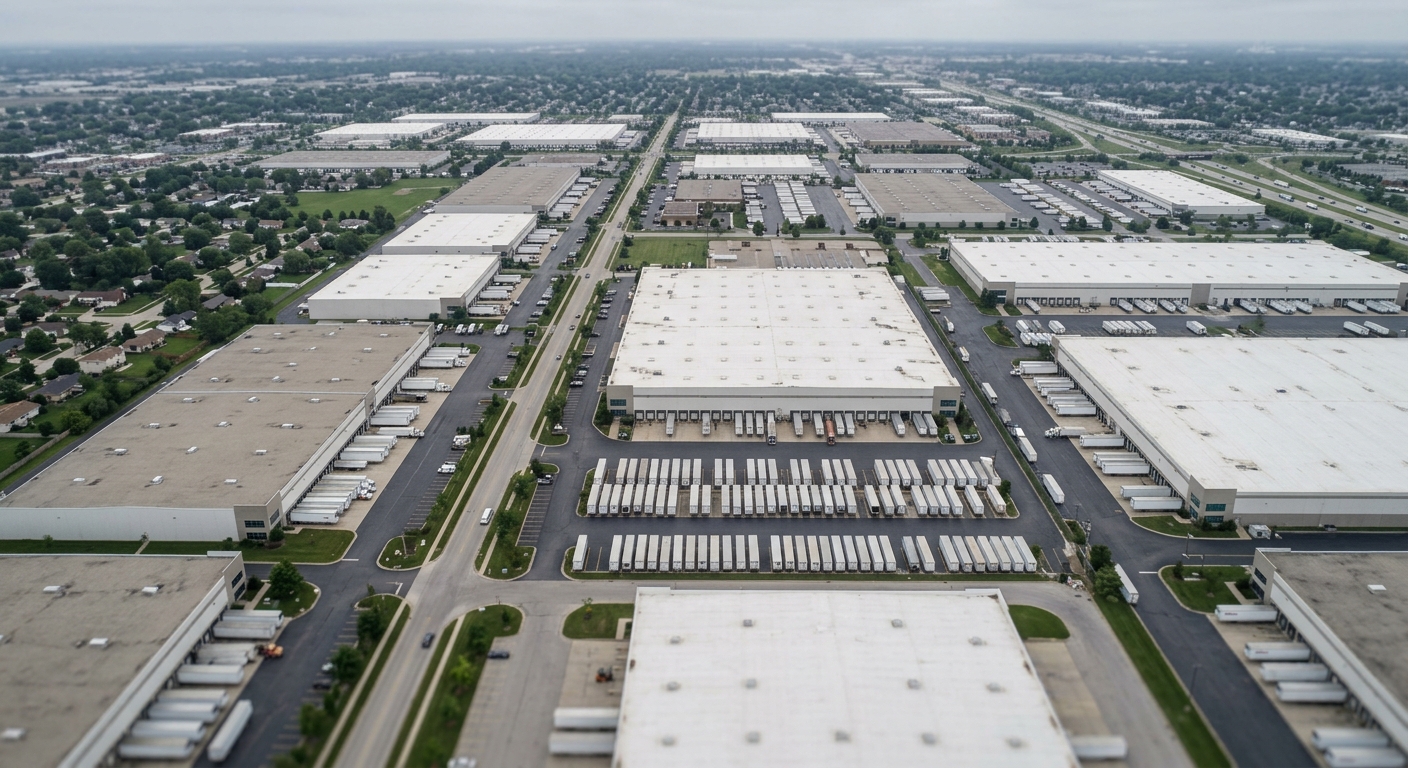 Aerial view of a large industrial warehouse park with multiple distribution centers in a Chicago suburb under an overcast sky.