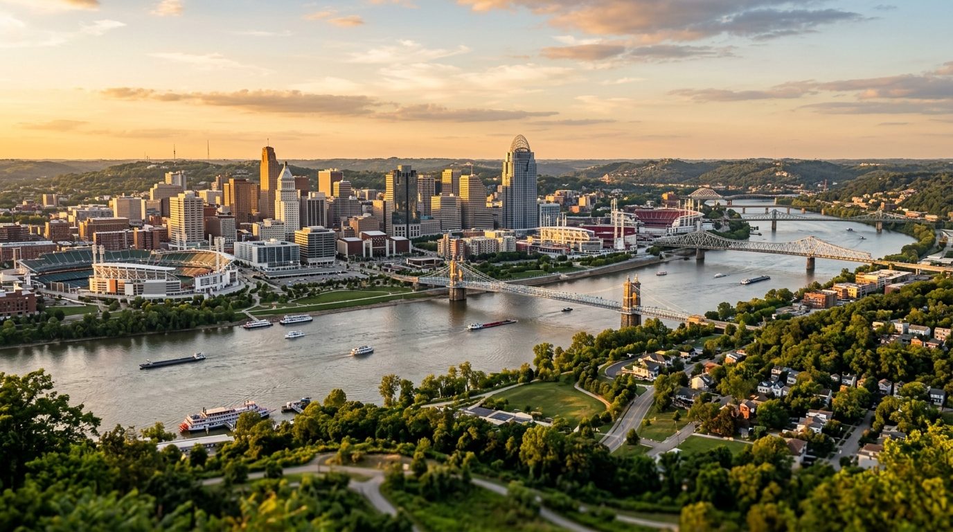 Cincinnati, OH — A wide photorealistic panorama of downtown Cincinnati, the Ohio River and the northern Kentucky hills in clear golden-ho
