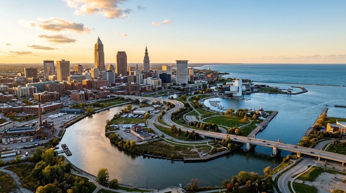 Cleveland, OH — A wide photorealistic view of the Cleveland skyline, Lake Erie shoreline and Cuyahoga River in clear golden-hour light,
