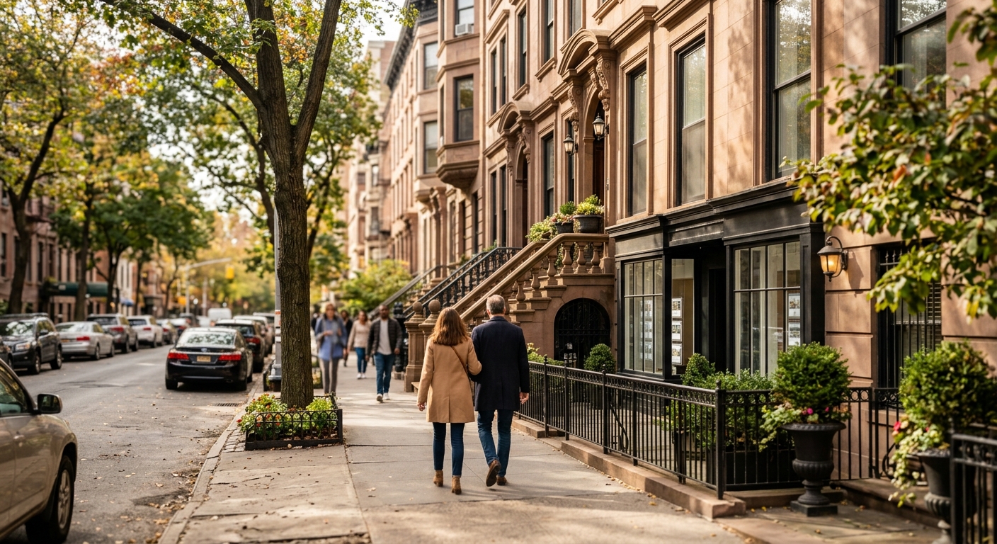 A sunlit Manhattan street lined with brownstone buildings and ground-floor storefronts, evoking the city's residential real estate brokerage district.
