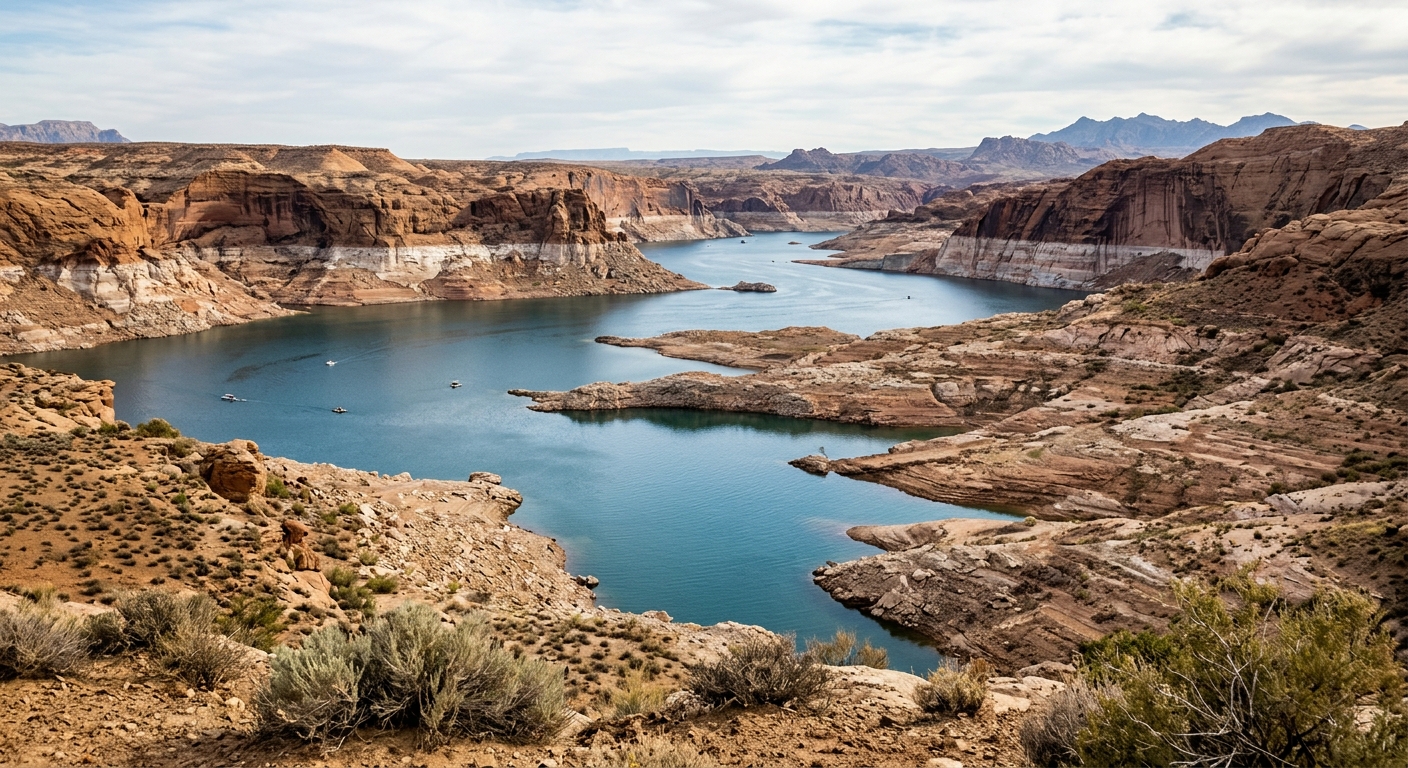 A large Southwestern reservoir showing a visible water line on canyon walls amid low water levels.