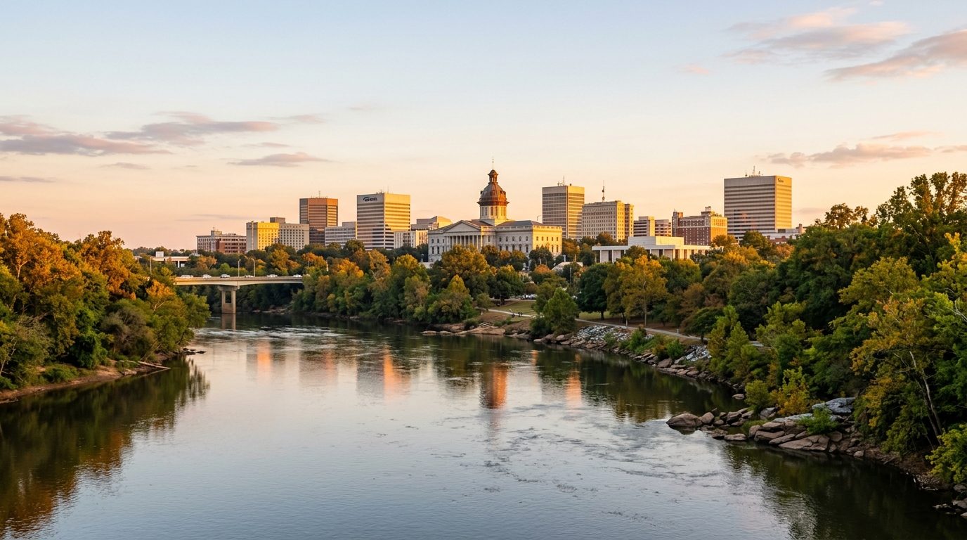 Columbia, SC — Congaree River at with the Columbia, South Carolina skyline and state