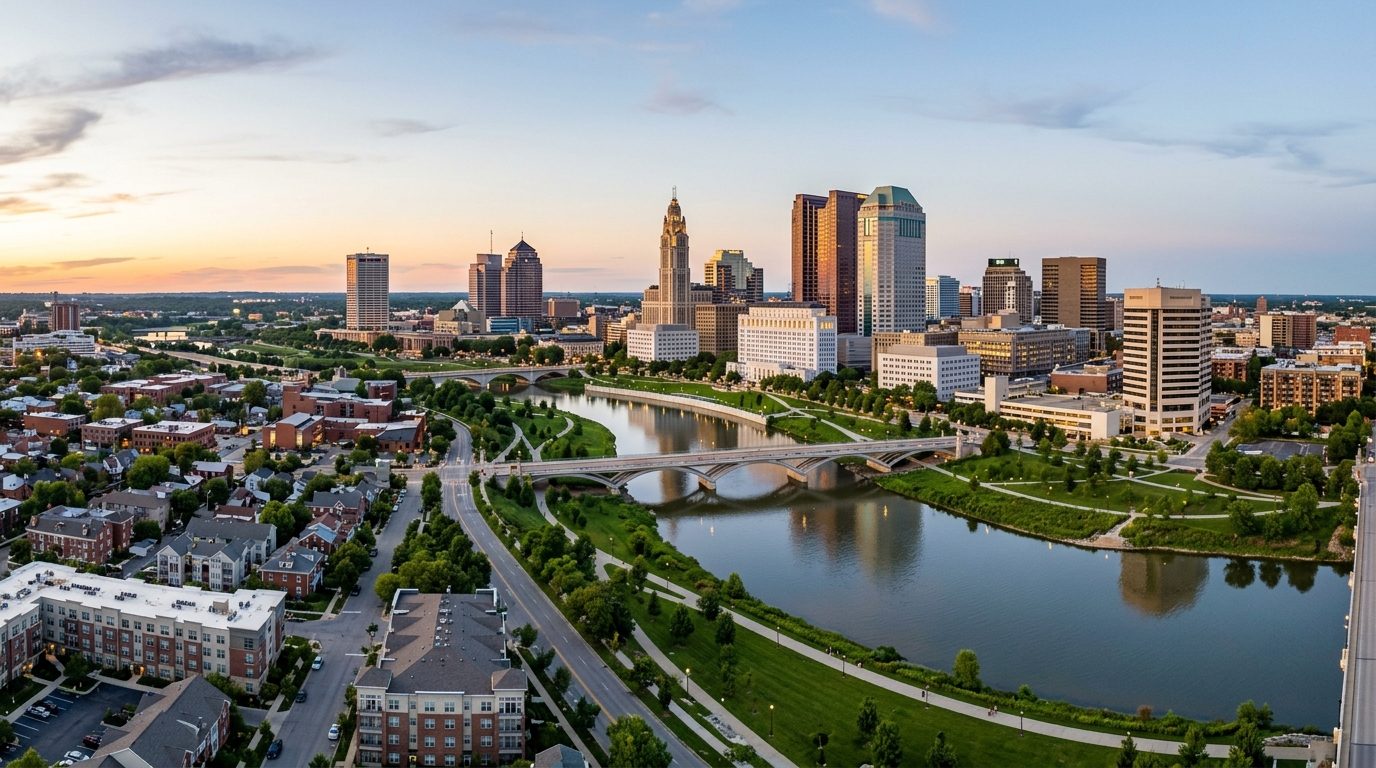 Columbus, OH — A wide photorealistic panorama of the Columbus skyline, Scioto River and surrounding urban neighborhoods in clear evenin
