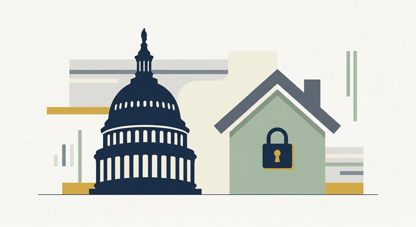 Illustration of the U.S. Capitol beside a house icon with a padlock, symbolizing congressional scrutiny of a real estate listings partnership.