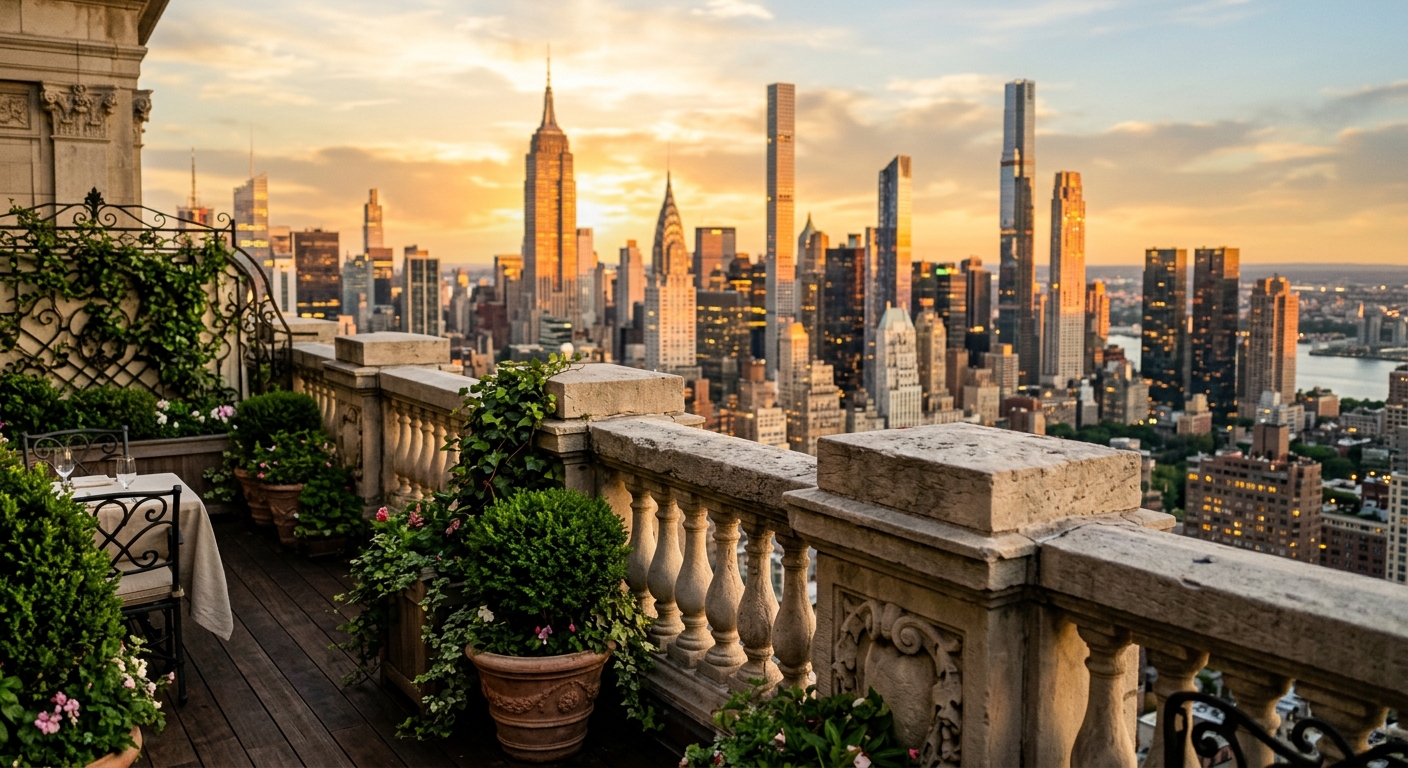 An elegant penthouse terrace overlooking the Manhattan skyline at golden hour.