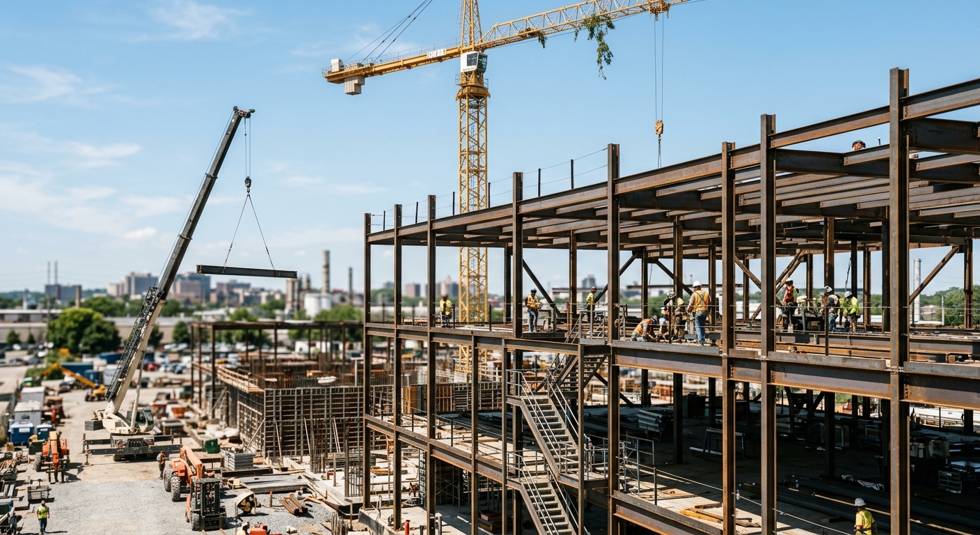 Commercial construction site with cranes and steel framing under a clear sky