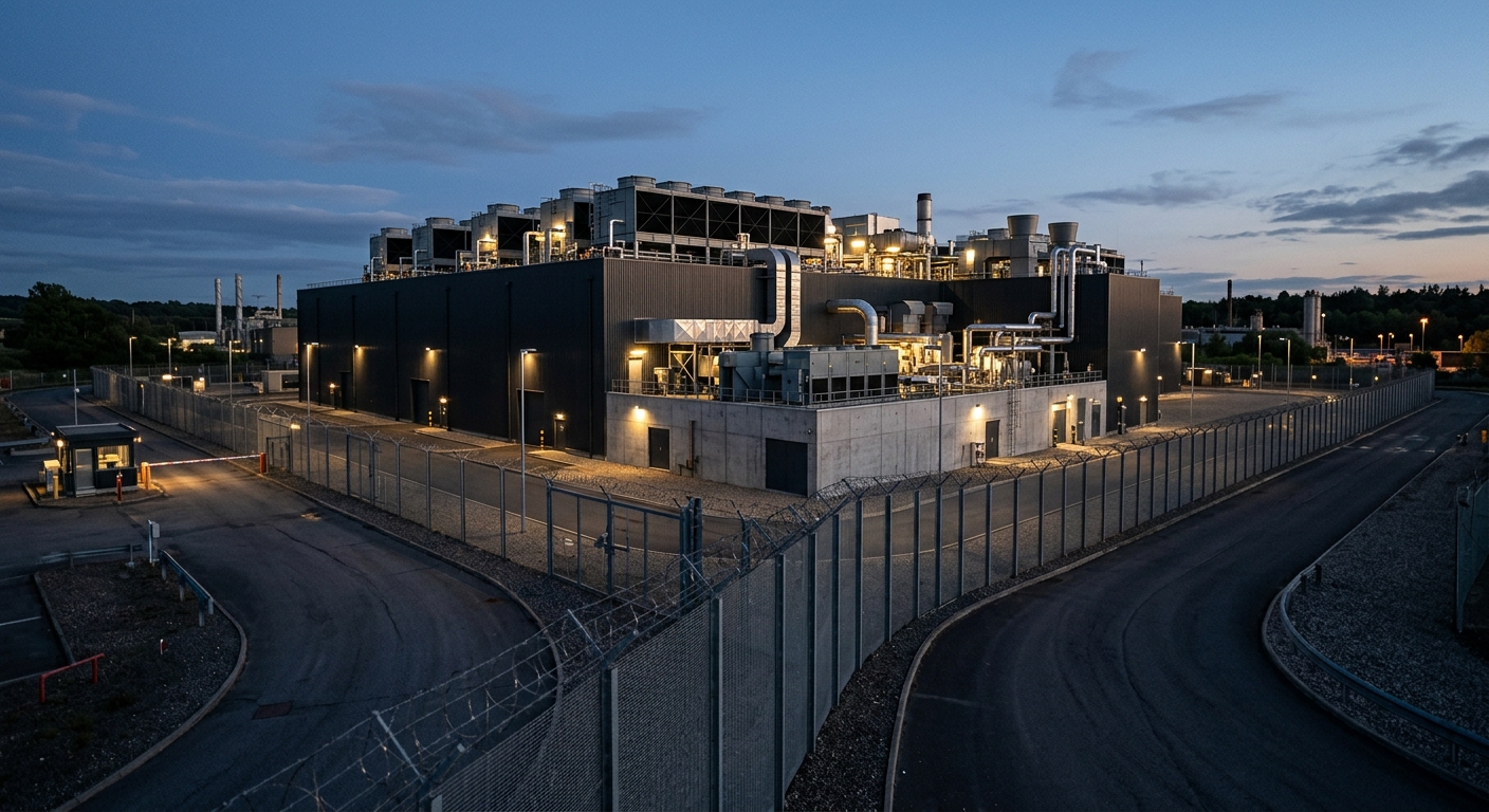 Exterior view of a large data center campus building with cooling infrastructure at dusk.