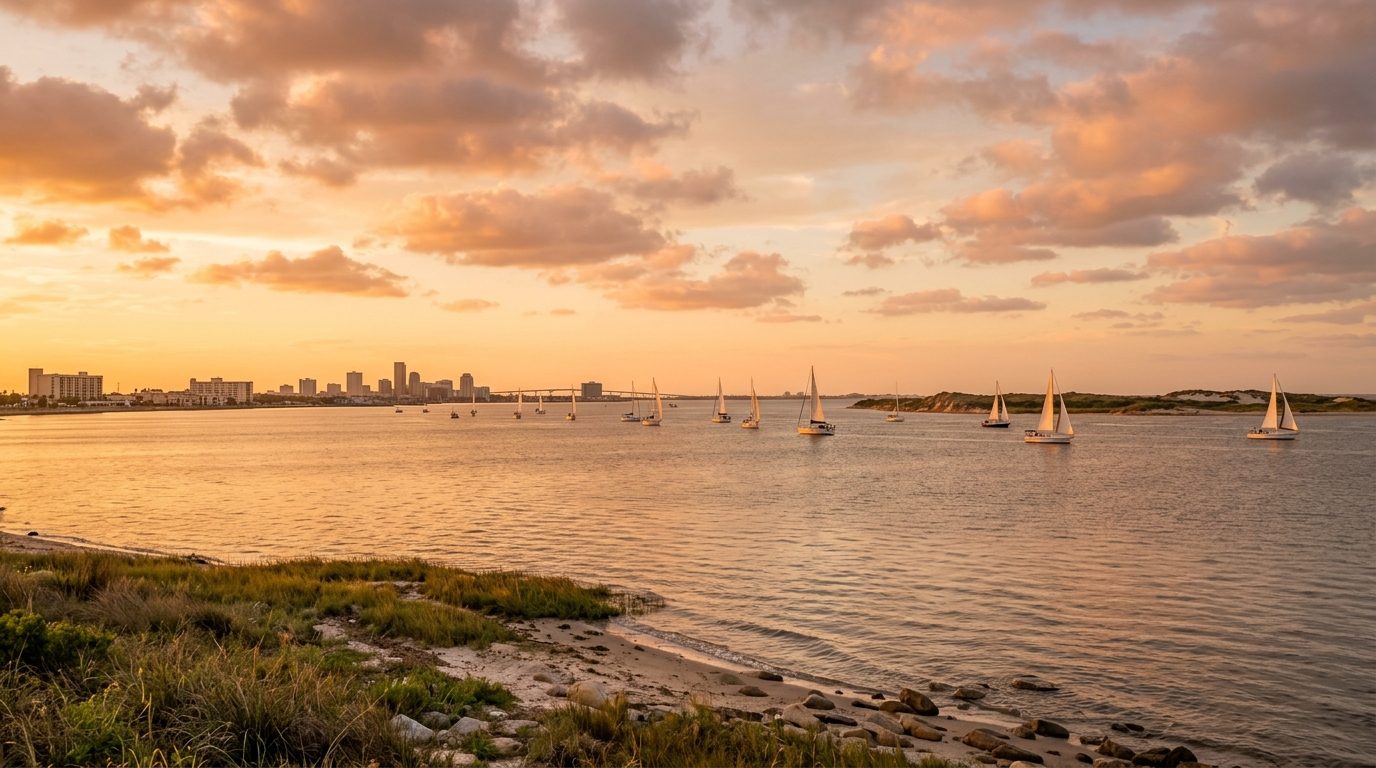 Corpus Christi, TX — Corpus Christi Bay at with a low coastal skyline along the waterfront, sailboats on calm water, and