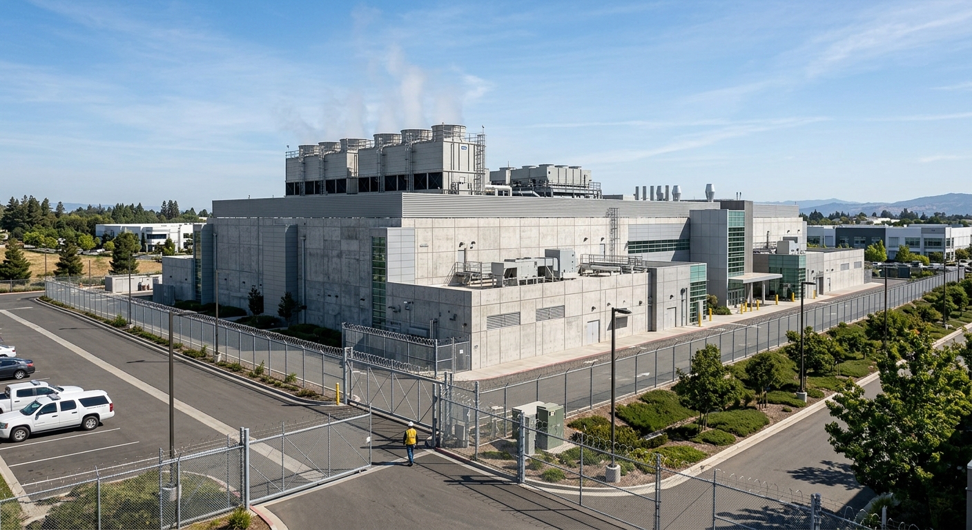 The exterior of a modern data center facility under a clear daytime sky.