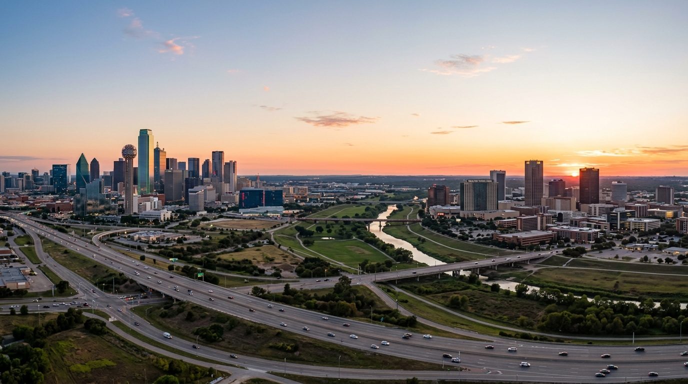 Dallas, TX — A wide photorealistic panorama showing the Dallas skyline and Fort Worth's urban horizon beneath a clear North Texas sun