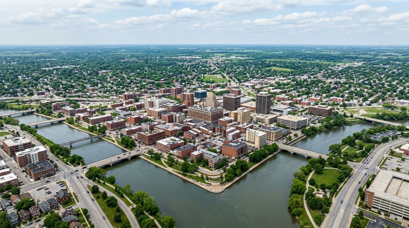 Dayton, OH — Downtown Dayton, Ohio at the confluence of the Great Miami and Mad rivers