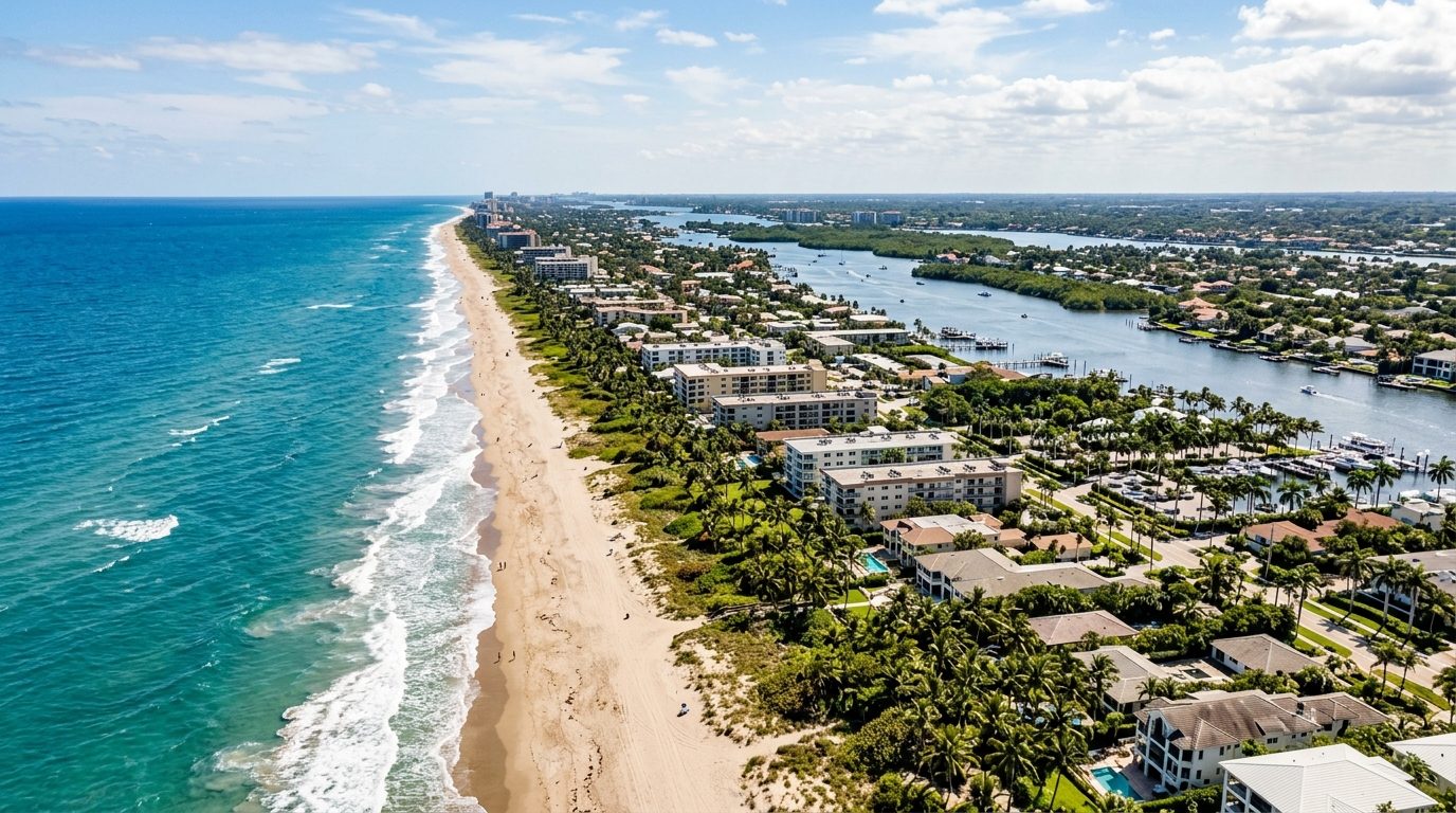 Deltona, FL — Florida Atlantic coastline with a sandy beach, ocean waves, a lagoon lined