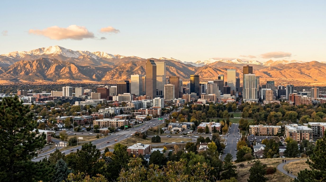 Denver, CO — A wide photorealistic panorama of downtown Denver and the Front Range beneath clear golden-hour light, with no text or p