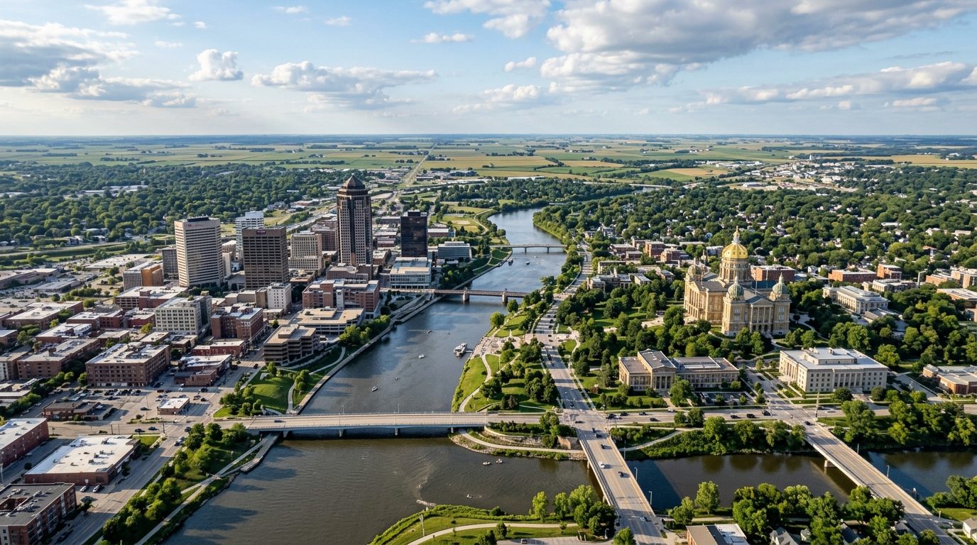 Des Moines, IA — Downtown Des Moines skyline at the confluence of the Des Moines and Raccoon