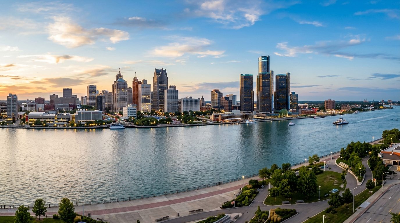 Detroit, MI — A wide photorealistic view of the Detroit skyline, riverfront and international waterfront under clear evening light, wi